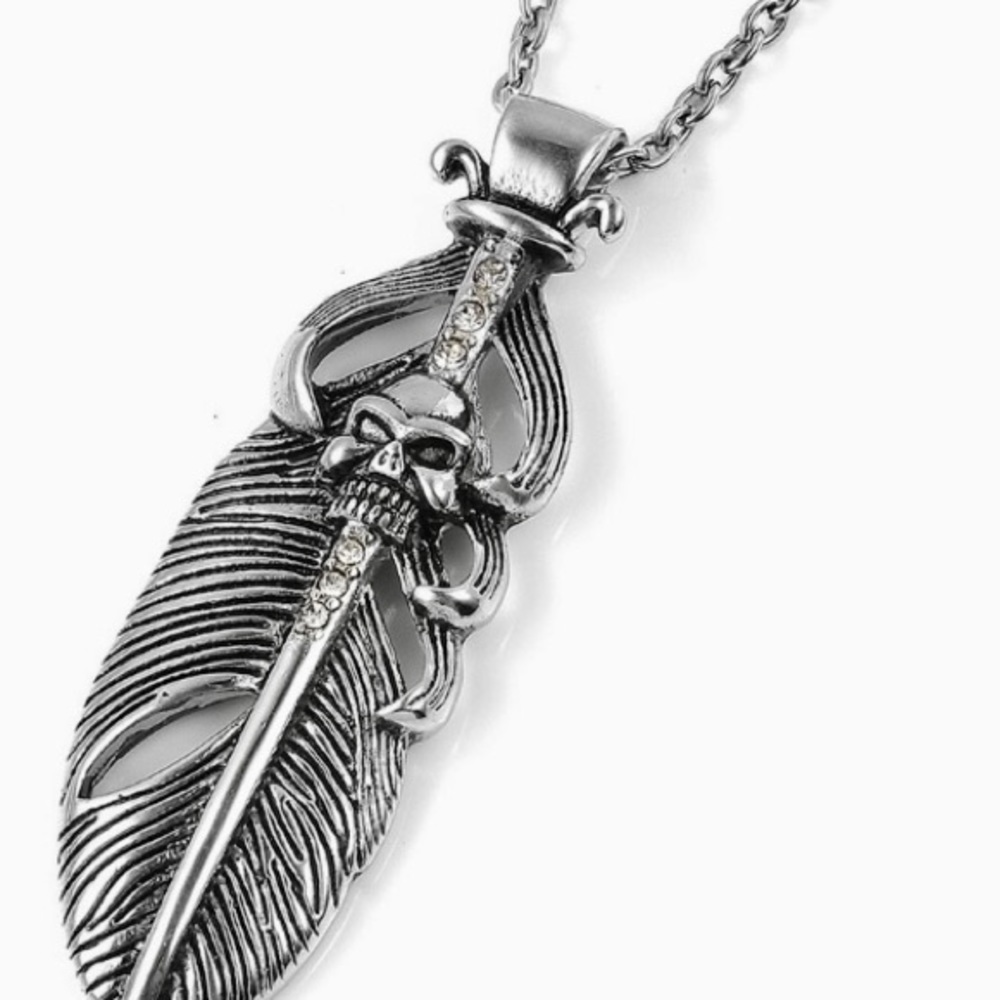 SKULL DAGGER FEATHER CHAIN NECKLACE STAINLESS APPROX LENGTH 24 INCHES